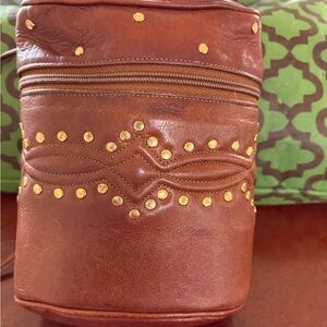 DKNY Brown Leather Bag with Gold Stud Accents - camera bag style